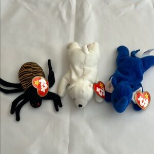 Ty Stuffed Animals Set - Black Spider, White Bear, Blue Dinosaur